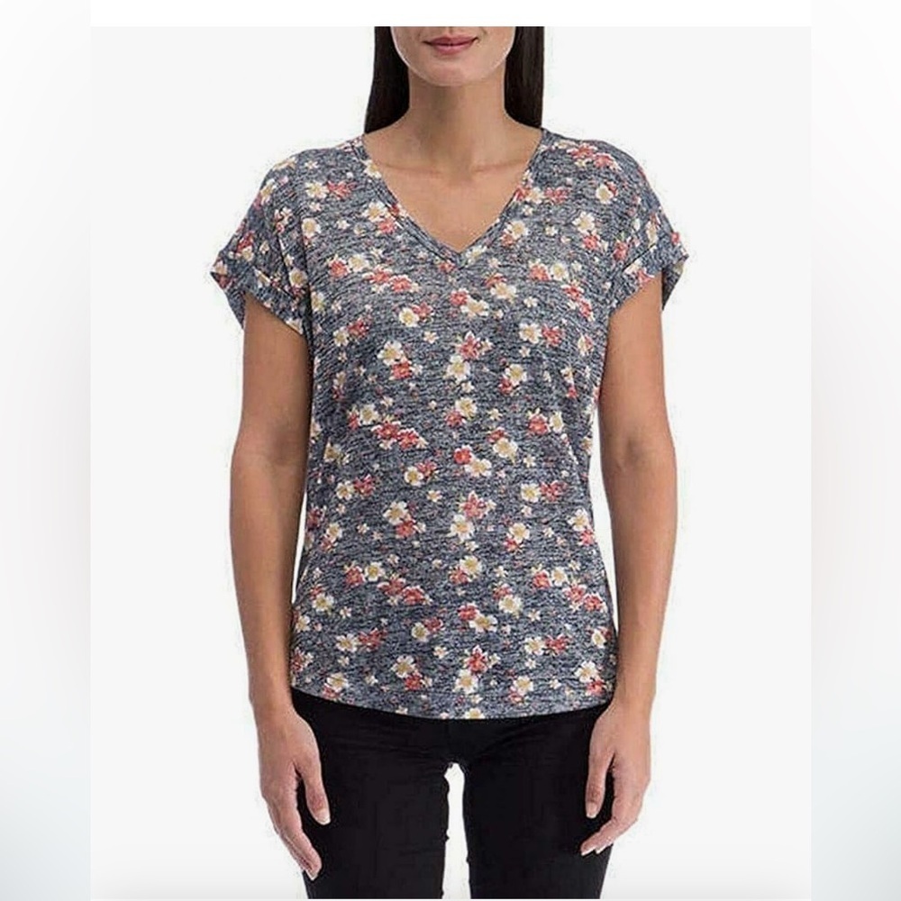 Bobeau Women's Printed French Terry V-Neck Tee, Navy Floral